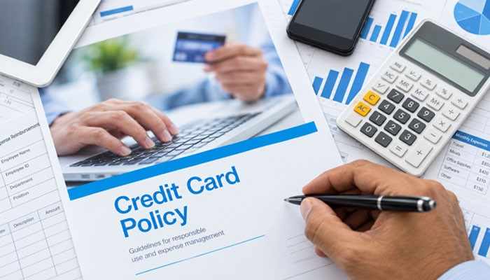 Compare with existing credit policy | tycoonstory media Document titled credit card policy being filled out, with a laptop, a credit card, and charts in the background.