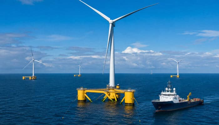 Floating offshore wind power startup investments - tycoonstory | tycoonstory media Wind power startup investments in floating offshore wind farms with turbines and service vessel
