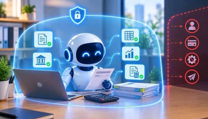 Introduce ai with clear boundaries | tycoonstory media Robot assistant inside a glowing blue holographic shield, reviewing documents at a desk with a laptop and calculator.