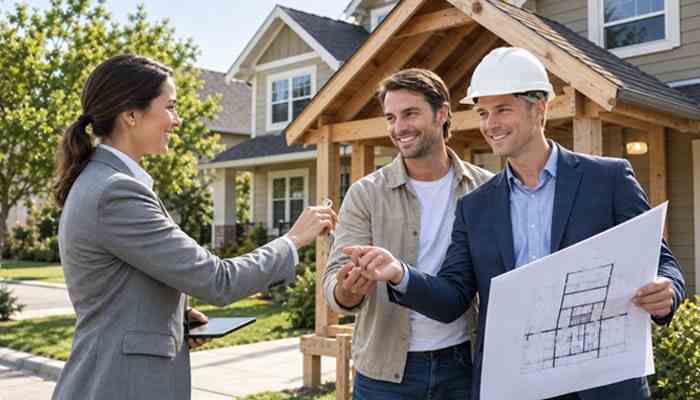 Understand how pricing is structured | tycoonstory media Female real estate agent in a gray suit hands keys to a smiling couple outside a house under construction, while one man in a hard hat holds a blueprint.