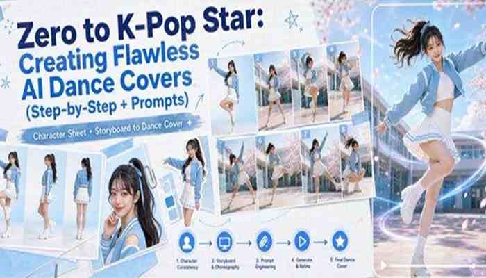 Bring them to life (apob ai ugc video generator) | tycoonstory media Promotional collage for 'zero to k-pop star: creating flawless ai dance covers,' showing a girl posing and performing dance steps.