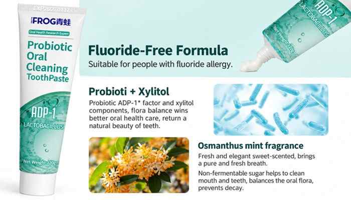 Probiotic integration (adp-1) | tycoonstory media Probiotic, fluoride-free toothpaste by frog with adp-1, peppermint-mint branding against a teal background.