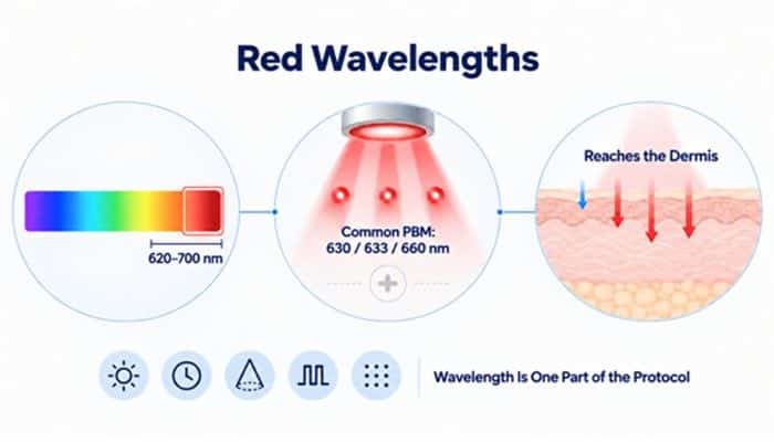 Understand the blue wavelengths | tycoonstory media Red light therapy infographic: spectrum 620–700 nm, red leds emitting 630/633/660 nm, and light reaching the dermis beneath the skin surface.