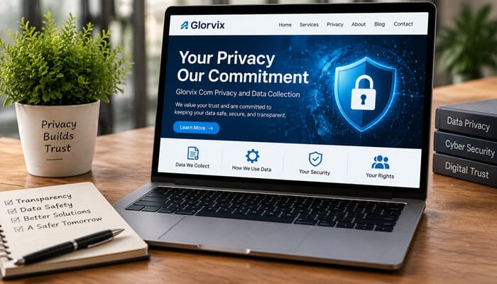 Glorvix com privacy and data collection - tycoonstory | tycoonstory media Glorvix com privacy and data collection review showing secure website protection, privacy settings, and digital security features on a laptop.