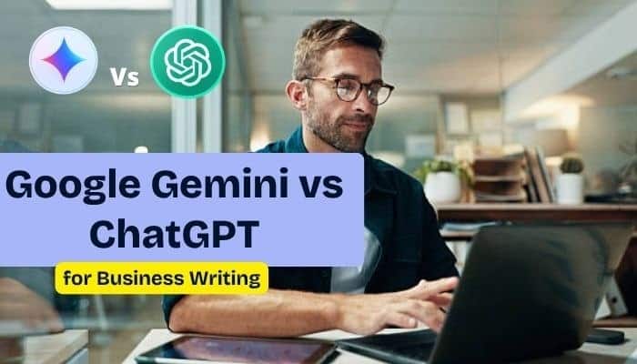 Google gemini vs chatgpt - tycoonstory | tycoonstory media Google gemini vs chatgpt comparison for business writing, featuring ai assistant logos and a professional using a laptop to explore ai tools for content creation, productivity, and workplace solutions.
