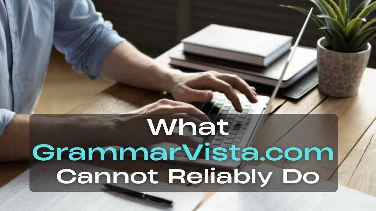Grammarvista. Com usa - tycoonstory | tycoonstory media Grammarvista. Com usa guide explaining what the platform cannot reliably do, featuring a person using a laptop for online writing, grammar improvement, and professional communication research.