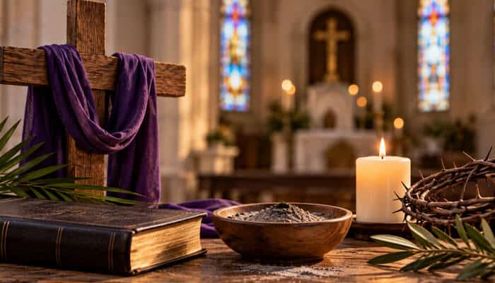 Hen does lent start before easter 2027 - tycoonstory | tycoonstory media Easter 2027 lent scene with wooden cross, purple cloth, holy bible, ashes, candle, and crown of thorns in church