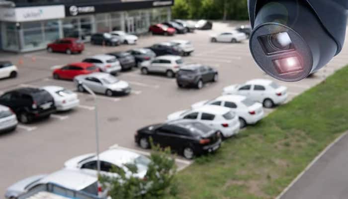 How live monitoring changes the outcome | tycoonstory media Security camera in the foreground overlooking a busy parking lot of parked cars from an elevated angle