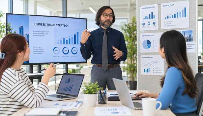 Recognition as a retention strategy | tycoonstory media Man presents business trend data to two colleagues in a meeting room with charts on a screen and posters on the wall