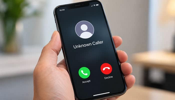 Why does an unknown caller appear? | tycoonstory media Phone screen showing an incoming call from unknown caller with accept and decline buttons in green and red