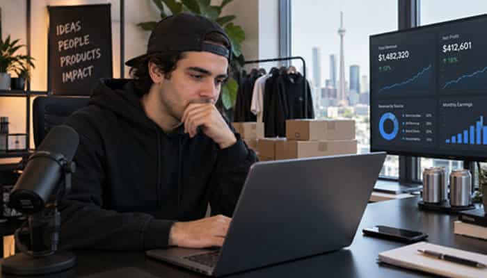 How much does kyle forgeard make per year - tycoonstory | tycoonstory media Kyle forgeard net worth analysis showing entrepreneur workspace with business charts, digital media growth, and full send brand success.