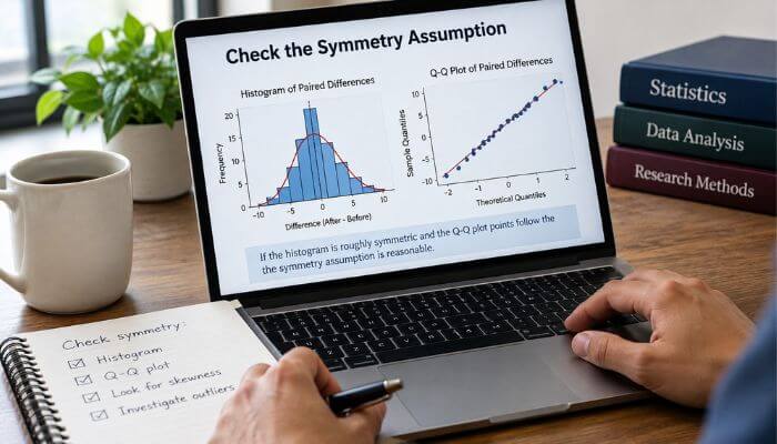 How to check the symmetry assumption | tycoonstory media Wilcoxon signed rank test symmetry assumption check using paired-difference histogram and q-q plot