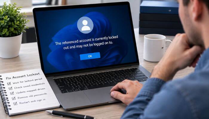 How to fix the referenced account is currently locked | tycoonstory media The referenced account is currently locked error on windows laptop with account lockout troubleshooting checklist