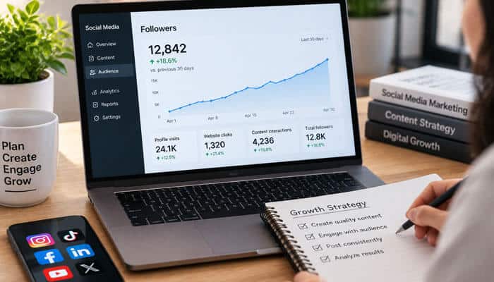 How to measure follower growth - tycoonstory | tycoonstory media Bouncemediagroupcom social stat analysis showing follower growth, interactions, profile views, and social media strategy metrics.