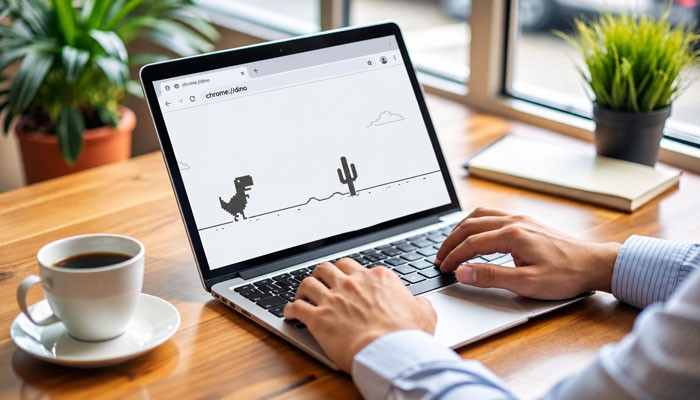 How to play chrome dino while online - tycoonstory | tycoonstory media Google easter eggs chrome dino game displayed on a laptop, showing the hidden t-rex runner with cactus obstacles that can be played through chrome://dino.