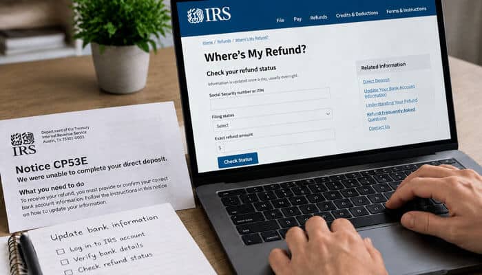 How to update bank information after cp53e - tycoonstory | tycoonstory media Irs refund tracker 2026 showing irs where’s my refund status check on laptop with cp53e notice and bank information update steps.