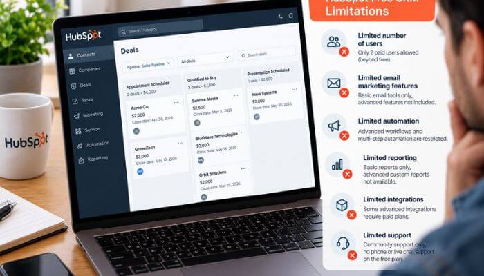 Hubspot free crm limitations 1 | tycoonstory media Hubspot crm free plan limitations including users, email marketing, automation, reporting, integrations, and support