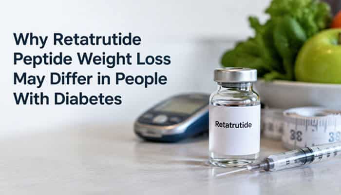 Why retatrutide peptide weight loss may differ in people with diabetes - tycoonstory | tycoonstory media Retatrutide peptide 2026 weight loss effects in people with diabetes showing a research vial, injection device, glucose meter, and diabetes-related health monitoring concept.