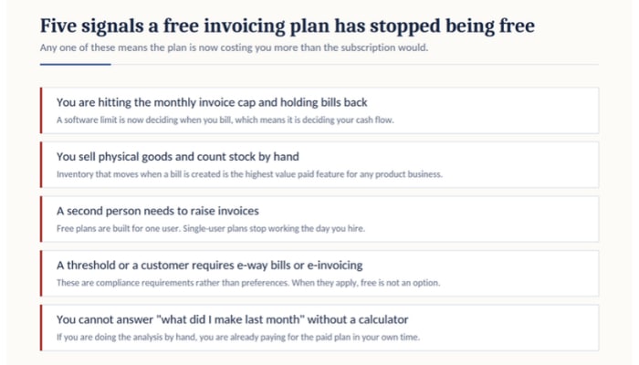 Invoicing software | tycoonstory media Webpage titled 'five signals a free invoicing plan has stopped being free' showing five warning boxes about invoicing limits, stock counting, multi-person invoices, e‑invoicing thresholds, and calculator need.
