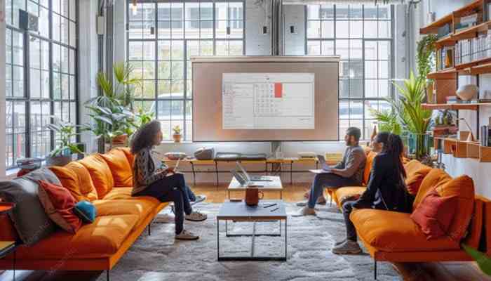 Give the room breakout edges, not just a breakout center | tycoonstory media Four people sit on orange couches in a bright, modern meeting room watching a presentation on a large screen.
