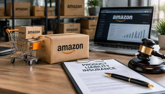 Product liability insurance for amazon sellers - startup editor | tycoonstory media Product liability insurance for amazon sellers featuring online marketplace products, shipping boxes, legal documents, and protection against product-related claims.
