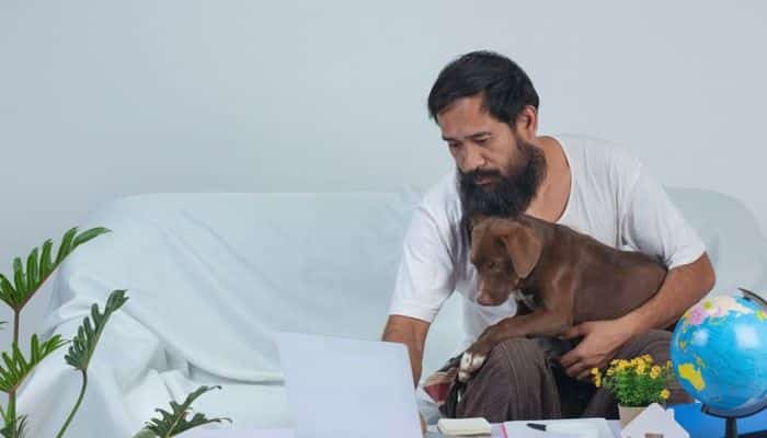 Lessons from animal rescue | tycoonstory media Bearded man on a white couch using a laptop with a brown dog on his lap, surrounded by plants, a globe, and papers on a coffee table.
