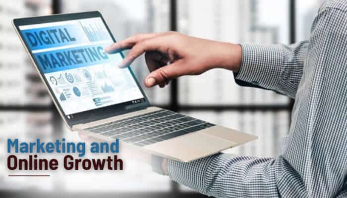 Marketing and online growth - tycoonstory | tycoonstory media Blog blueflamepublishing posts marketing and online growth concept showing a professional using a laptop to explore digital marketing analytics, content strategy, branding, and audience growth.