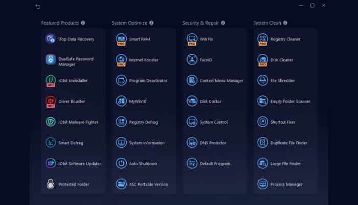 My ultimate tune up routine 10 | tycoonstory media Dark software dashboard with four columns of feature lists: featured products, system optimize, security & repair, system clean, each row showing blue icons and tool namesimon a blue-themed interface.