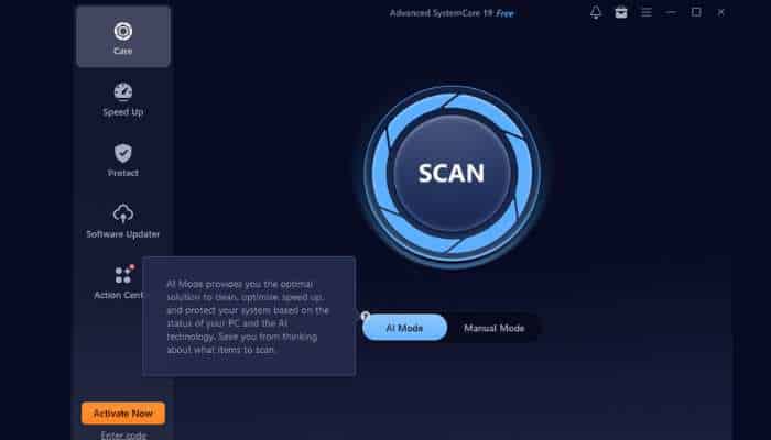 My ultimate tune up routine 2 | tycoonstory media Software ui screen with a large central'SCAN' button, left vertical navigation (Care, Speed Up, Protect, Software Updater) and a blue AI/Manual mode panel explaining AI mode benefits.