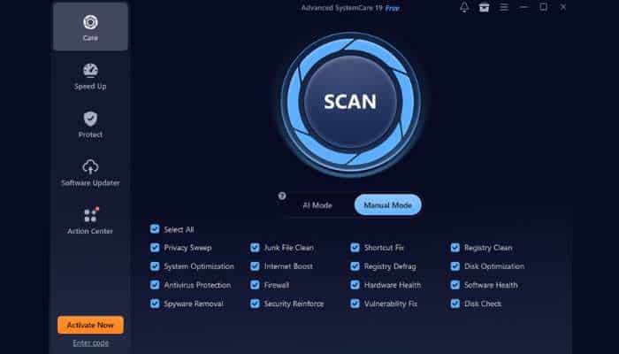 My ultimate tune up routine 3 | tycoonstory media Ui for advanced systemcare showing a large scan button with a left navigation panel (care, speed up, protect, software updater, action center) and a grid of selectable system-optimization checks.
