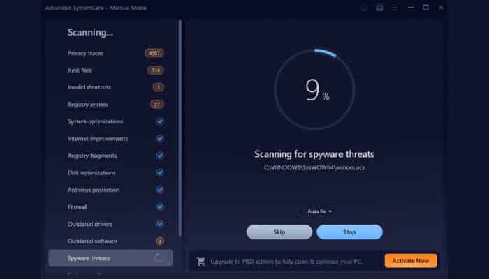 My ultimate tune up routine 4 | tycoonstory media Antivirus software ui showing 9% scan progress for spyware threats, with a left panel listing scan categories and a central circular progress indicator.