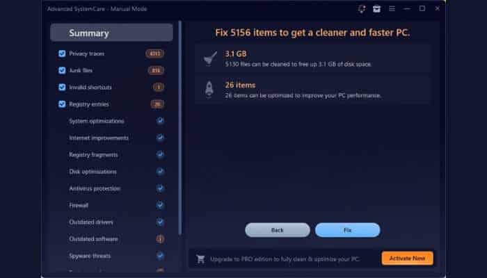 My ultimate tune up routine 5 | tycoonstory media Dashboard of a pc cleanup app showing a left navigation menu with'Summary' and items, and a right panel stating 'Fix 5156 items to get a cleaner and faster PC' with a 'Back' and 'Fix' button.