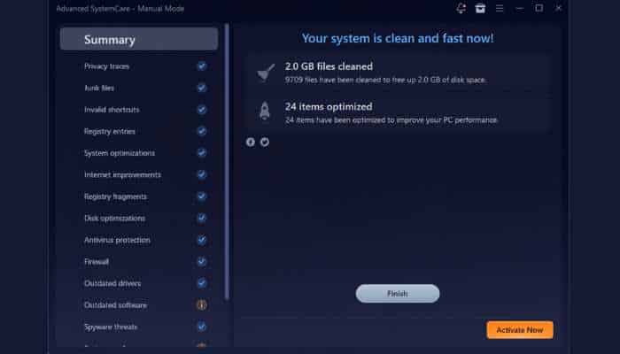 My ultimate tune up routine 6 | tycoonstory media Software dashboard: left navigation shows summary; right panel reads 'your system is clean and fast now! ' with '2. 0 gb files cleaned' and '24 items optimized', plus finish and orange activate now buttons.