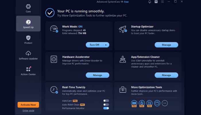 My ultimate tune up routine 7 | tycoonstory media Dark pc optimization dashboard showing 'your pc is running smoothly' with tiles for work mode, startup optimizer, hardware accelerator, app/extension cleaner, real-time tuneup, and more optimization tools; left sidebar icons and an orange activate now button.