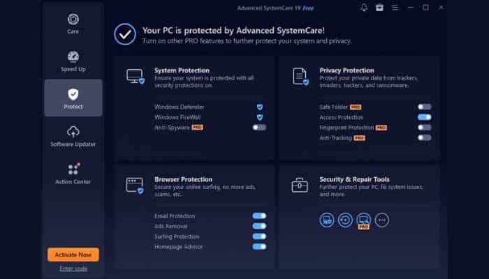 My ultimate tune up routine 8 | tycoonstory media Screenshot of advanced systemcare dashboard showing four feature tiles (system protection, privacy protection, browser protection, security & repair tools) and a left vertical navigation panel with care, speed up, protect, software updater, and action center.