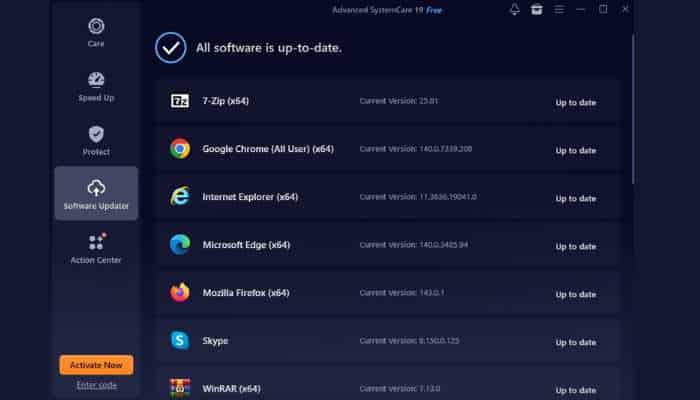 My ultimate tune up routine 9 | tycoonstory media Dark blue software updater ui showing a list of programs (7-zip, chrome, internet explorer, edge, firefox, skype, winrar) all marked 'up to date', with a left sidebar of update categories.
