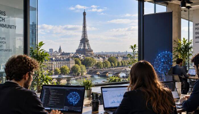 Paris europes major ai and deep-tech challenger | tycoonstory media Silicon valley of europe ai and deep-tech hub in paris with tech professionals and the eiffel tower