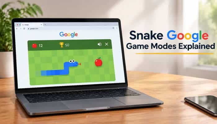 Snake google game modes explained - tycoonstory | tycoonstory media Snake google game modes explained with a realistic laptop screen showing snake gameplay, score tracking, and a modern workspace setup for learning different game modes and challenges.