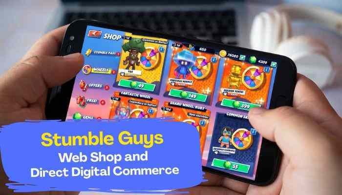 Stumble guys - tycoonstory | tycoonstory media Stumble guys web shop displayed on a smartphone, highlighting in-game offers, gems, skins, rewards, and the game’s direct digital commerce strategy.