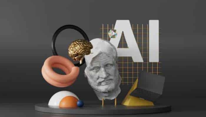 The impact of ai 3d generation on the future of digital design 1 | tycoonstory media Abstract ai collage: marble bust with brain, rings, laptop, and the letters ai on a dark pedestal conveying artificial intelligence concepts.