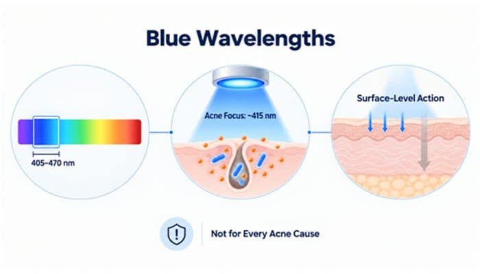 Understand the blue wavelengths | tycoonstory media Blue light acne therapy diagram showing wavelength range (405–470 nm), acne-targeting focus (~415 nm), and surface-level skin action.