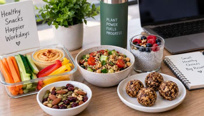 Vegetarian and plant-based healthy snacks for work - tycoonstory | tycoonstory media Healthy snacks for work with hummus, vegetables, quinoa salad, chia pudding, trail mix, and energy bites on a desk.