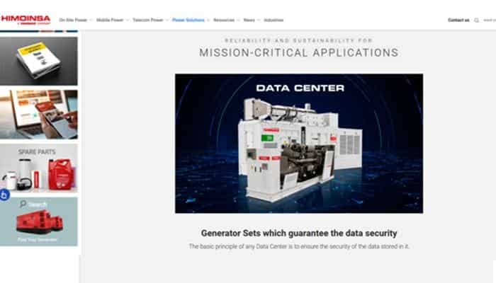 Himoinsa | tycoonstory media Image showing a data center generator set against a dark blue background, labeled 'data center' to illustrate mission-critical electrical backup equipment.