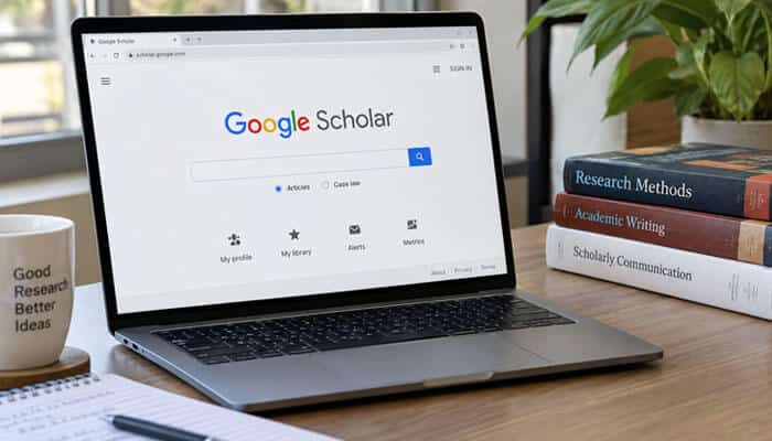 How to build a better google scholar advanced search strategy - tycoonstory | tycoonstory media Google scholar advanced search research workspace featuring the scholar search interface alongside academic research and scholarly communication books.