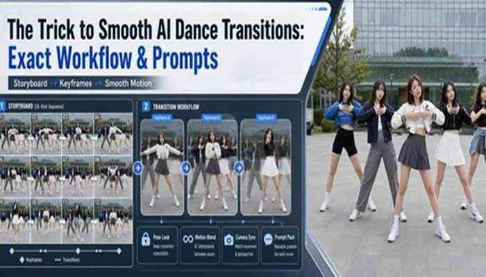 Why this workflow is a game-changer | tycoonstory media Ui screenshot of a tutorial titled 'the trick to smooth ai dance transitions: exact workflow & prompts' showing storyboard frames and transition steps on the left, with a group of six dancers posing outdoors on the right.
