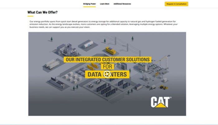 Caterpillar | tycoonstory media Isometric data center campus with a bold yellow banner: 'our integrated customer solutions for data centers' and the cat logo.