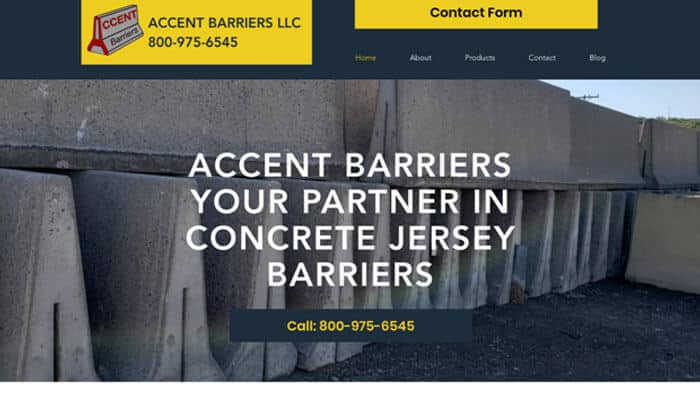 Accent-barriers llc - best for east coast concrete barrier sales, rental, and installation | tycoonstory media Hero banner of concrete jersey barriers with bold white text'Accent Barriers—Your Partner in Concrete Jersey Barriers' and a dark CTA bar displaying the phone number.