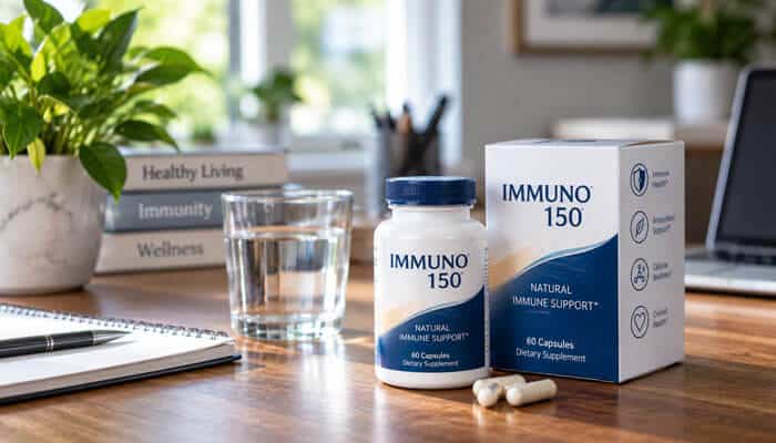 What is immuno 150 - tycoonstory | tycoonstory media Elmer heinrich net worth article image featuring immuno 150 supplement packaging on a desk in a bright office setting.