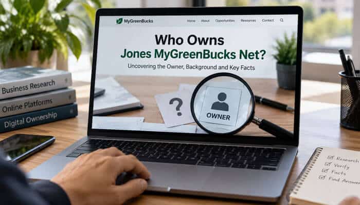 Who owns jones mygreenbucks net - tycoonstory | tycoonstory media Jones mygreenbucks net ownership research displayed on a laptop screen with an owner icon, business analysis notes, and digital platform investigation concept.