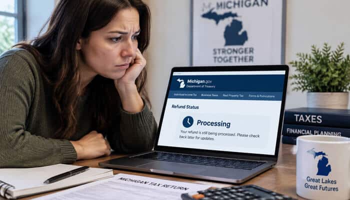 Why is my state of michigan tax refund status still processing - tycoonstory | tycoonstory media Woman sits at a desk, studying a laptop screen showing a government site processing a tax refund status message.
